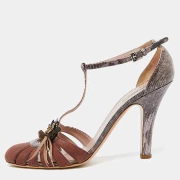 مملوكة مسبقًا Prada Multicolor Leather Snakeskin and Leather Ankle Strap Sandals Size 39