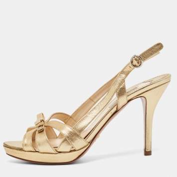 Pre Owned Prada Gold Leather Slingback Sandals Size 38.5