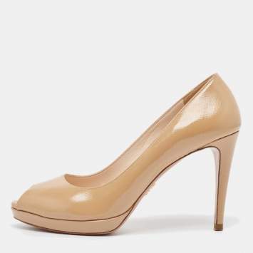 Pre Owned Prada Beige Patent Leather Peep Toe Pumps Size 38