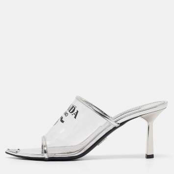 Pre Owned Prada Transparent PVC Logo Print Slide Sandals Size 38