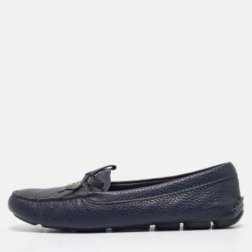 Pre Owned Prada Navy Blue Leather Slip On Loafers Size 38