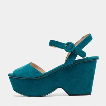Pre Owned Prada Teal Suede Platform Ankle Strap Sandals Size 38