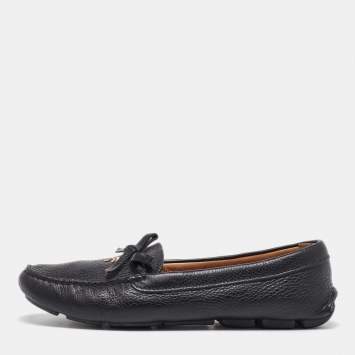 Pre Owned Prada Black Leather Bow Loafers Size 37.5
