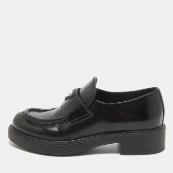 Prada Black Brushed Leather Slip On Loafers Size 39