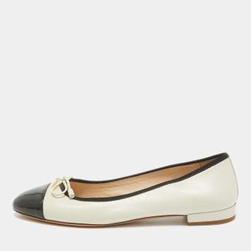 Pre Owned Prada Cream/Black Leather Cap Toe Ballet Flats Size 37
