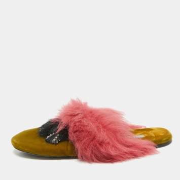 Pre Owned Prada Pink/Green Fur and Velvet Flat Sandals Size 40