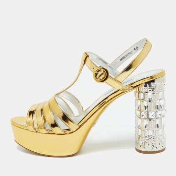 Pre Owned Prada Gold Laminated Leather Platform Block Heel Sandals Size 40