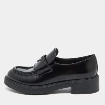 Pre Owned Prada Black Brushed Leather Slip On Loafers Size 39.5