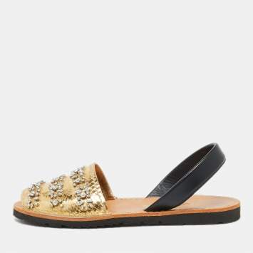 Pre Owned Prada Gold/Black Snake Embossed Leather and Leather Crystal Embellished Slingback Flat Sandals Size 39.5