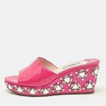 Pre Owned Prada Pink Patent Leather Embellished Wedge Sandals Size 39