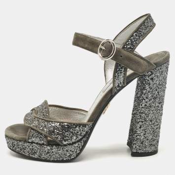 Pre Owned Prada Grey Glitter and Suede Platform Ankle Strap Sandals Size 37