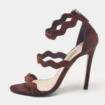 Pre Owned Prada Brown Suede Wavy Ankle Strap Sandals Size 36