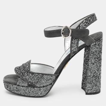 Pre Owned Prada Grey Glitter and Suede Ankle Strap Sandals Size 39