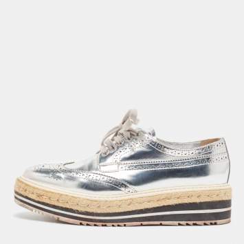 Pre Owned Prada Silver Leather Brogues Oxford Sneakers Size 38