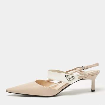 Pre Owned Prada Beige/White Leather Slingback Pumps Size 40.5