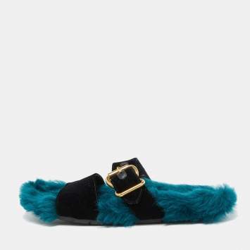 Pre Owned Prada Black/Teal Blue Velvet Flat Sandals Size 41