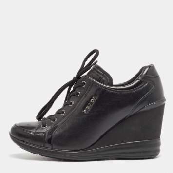 Pre Owned Prada Black Leather High Top Wedge Sneakers Size 39