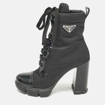 مملوكة مسبقًا Prada Black Leather and Nylon Ankle Length Boots Size 38