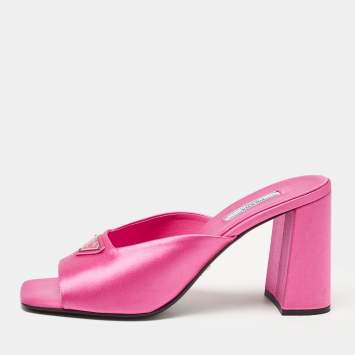 Pre Owned Prada Pink Satin Block Heel Slide Sandals Size 40