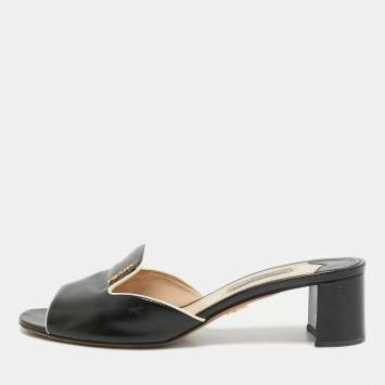 Pre Owned Prada Black Vernice Saffiano Leather Slide Sandals Size 36.5