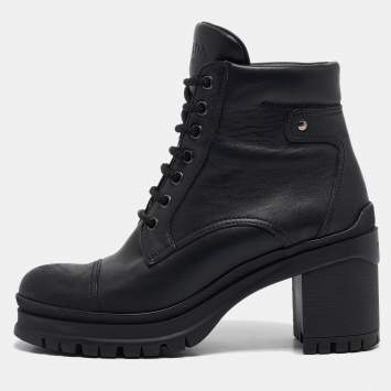 Pre Owned Prada Black Leather Lace Up Combat Boots Size 37