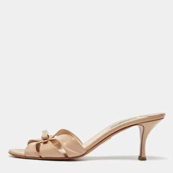 Pre Owned Prada Beige Saffiano Leather Bow Slide Sandals Size 40.5