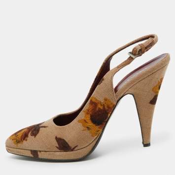 Pre Owned Prada Beige Velvet Floral Slingback Pumps Size 40.5