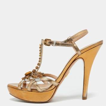 Prada Gold Leather Crystal Embellished Platform Sandals Size 41