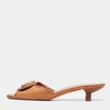 Pre Owned Prada Brown Leather Embellished Slide Sandals Size 40.5