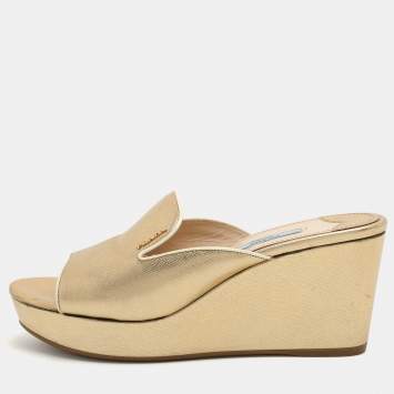 Pre Owned Prada Gold Saffiano Leather Platform Slide Sandals Size 38.5