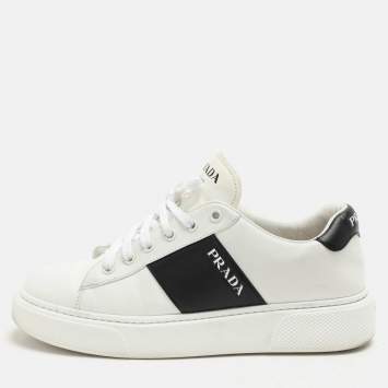 Pre Owned Prada White/Black Leather Low Top Sneakers Size 38.5