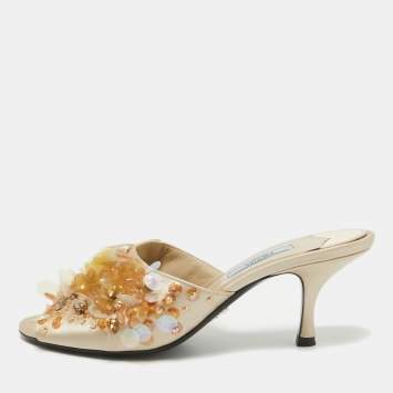 Pre Owned Prada Gold Satin Embellished Slide Sandals Size 38