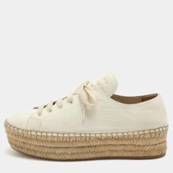 Pre Owned Prada White Leather Platform Espadrille Lace Up Sneakers Size 39