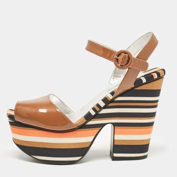 Pre Owned Prada Multicolor Fabric and Patent Leather Platform Sandals Size 40