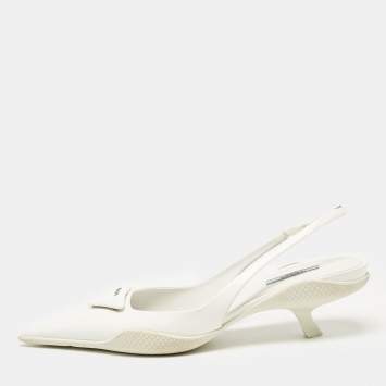 Pre Owned Prada White Leather Bow Slingback Pumps Size 40