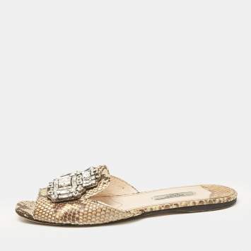 Pre Owned Prada Beige/Brown Python Leather Crystal Embellished Flat Sandals Size 39