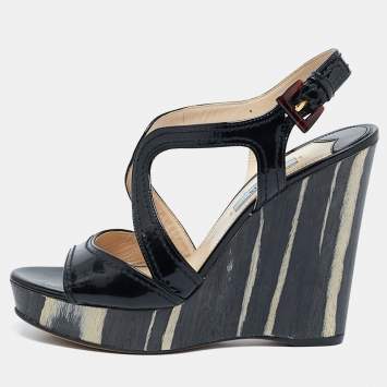 Pre Owned Prada Black Patent Leather Wooden Wedge Ankle Strap Sandals Size 37
