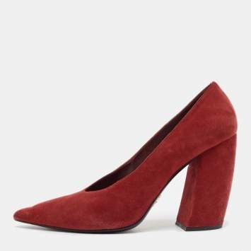 Pre Owned Prada Dark Red Suede Pointed Toe Block Heel Pumps Size 40