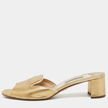 Pre Owned Prada Gold Saffiano Leather Block Heel Slide Sandals Size 39