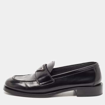 Pre Owned Prada Black Brushed Leather Slip On Loafers Size 38