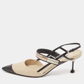Pre Owned Prada Beige/Black Brushed Leather Slingback Pumps Size 40