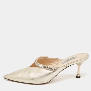 Pre Owned Prada Gold Leather Crystal Embellished Mules Size 40