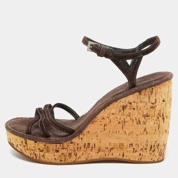 Pre Owned Prada Dark Brown Suede Cork Platform Wedge Ankle Strap Sandals Size 38.5