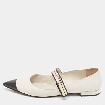 Pre Owned Prada White/Black Leather Mary Jane Flats Size 41.5 