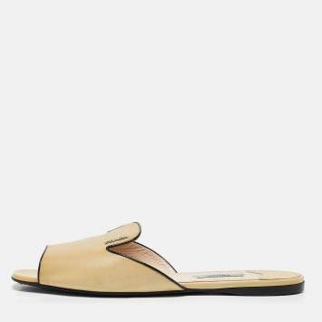 Pre Owned Prada Yellow Saffiano Leather Flat Slides Size 41