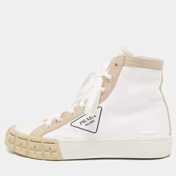 Pre Owned Prada White/Beige Canvas Gabardine High Top Sneakers Size 40