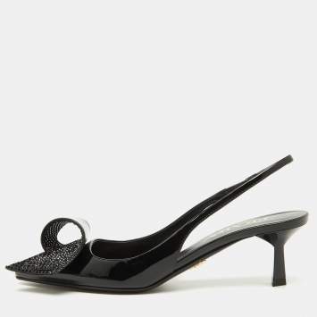 Pre Owned Prada Black Patent Leather Crystal Embellished Slingback Pumps Size 37