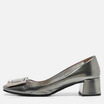 Pre Owned Prada Silver Leather Crystal Buckle Block Heel Pumps  Size 36.5