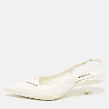 Pre Owned Prada White Patent Leather Bow Slingback  Pumps Size 40