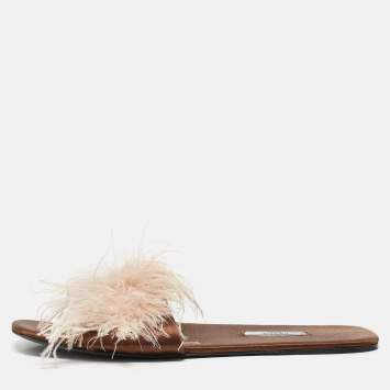 Pre Owned Prada Brown Satin Ostrich Feather Embellished Flat Slides Size 42